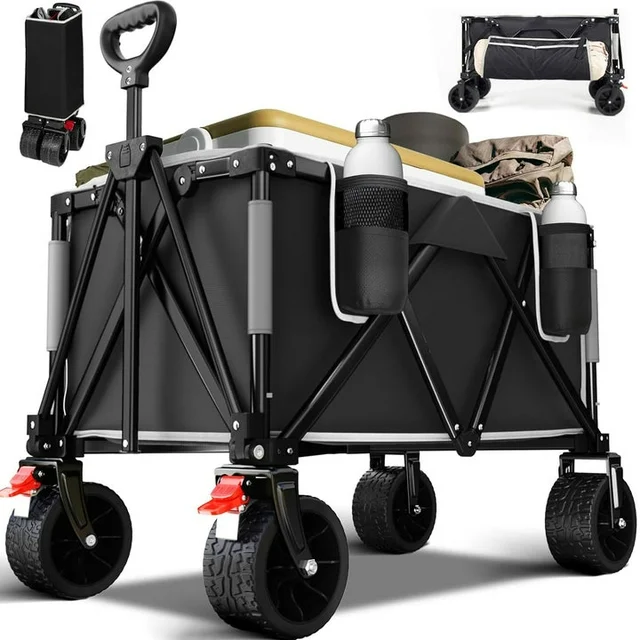 Collapsible Folding Wagon, 440LBS Large Heavy Duty Utility Garden Cart with All-Terrain Wheels and Adjustable Handles for Shopping Camping Sports Outdoor Beach, Black