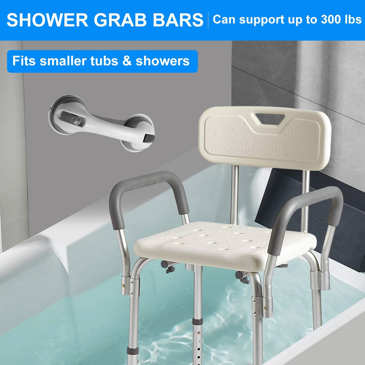 Shower Chair Bath Chair with Back and Shower Grab Bar, Shower Stool Height Adjustable, Supports up to 350 lbs., White