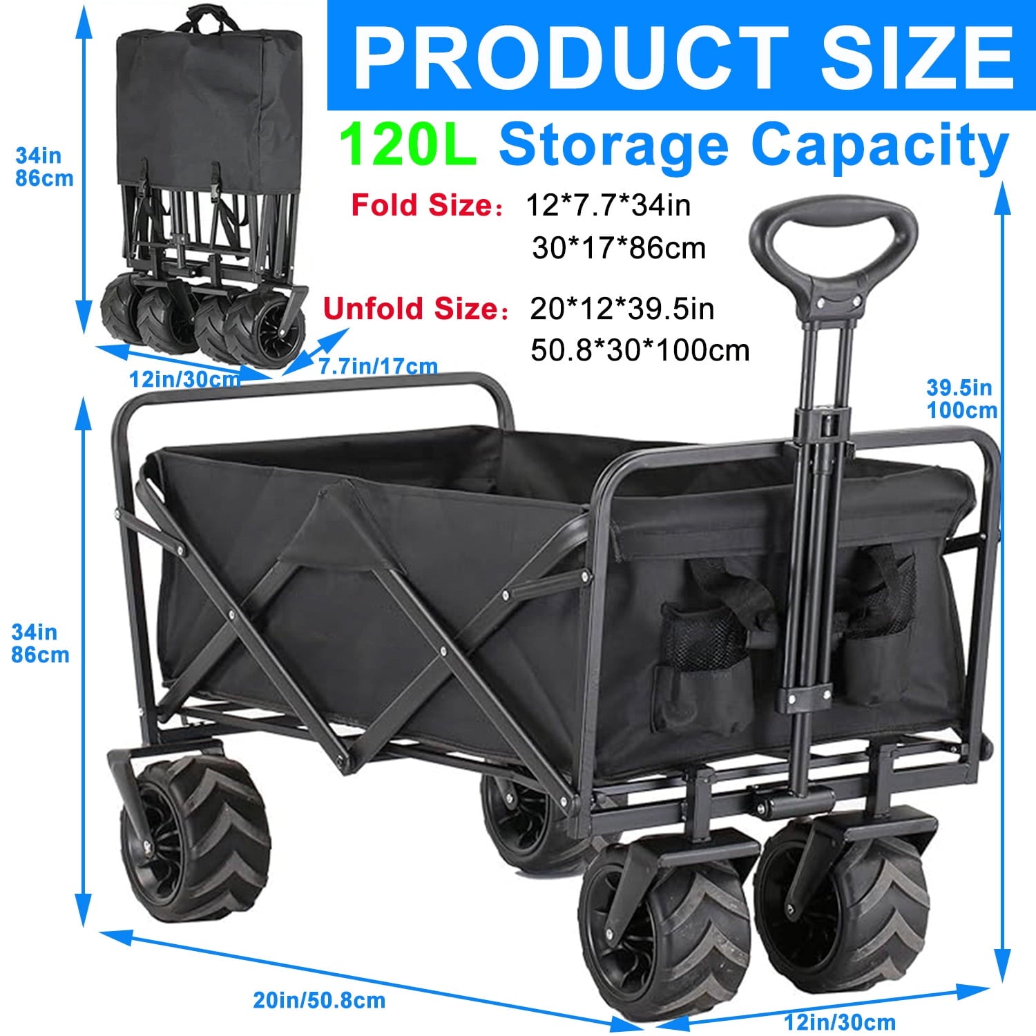 Collapsible Folding Wagon Cart, Heavy Duty Foldable Wagon Cart,350 LBS Large Capacity Garden Wagon Cart with All-Terrain Wheels,Utility Cart for Grocery,Garden,Shopping, Camping,Outdoor, Beach