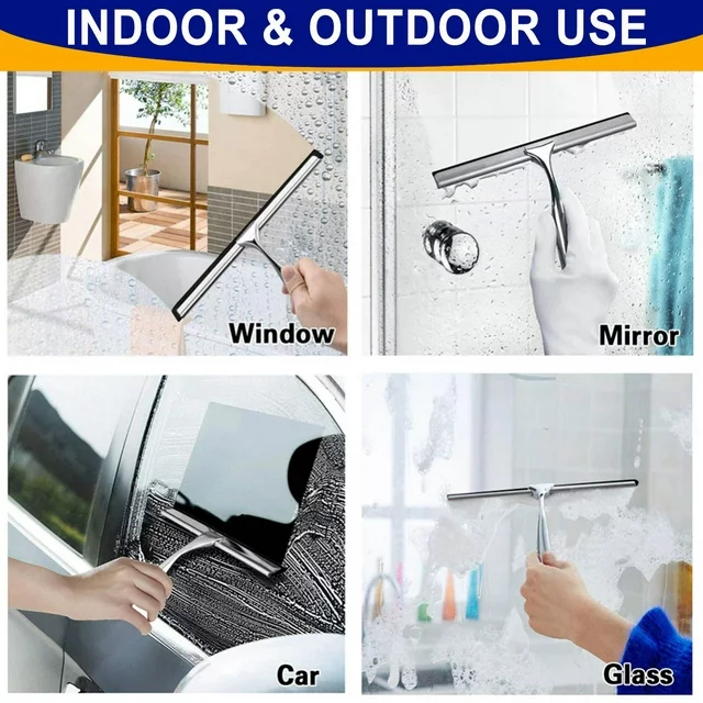 Shower Squeegee for Shower Doors, Bathroom, Window and Car Glass, Stainless Steel, Non-Slip Handle, Long Blade, with Door Hook and Adhesive Hook