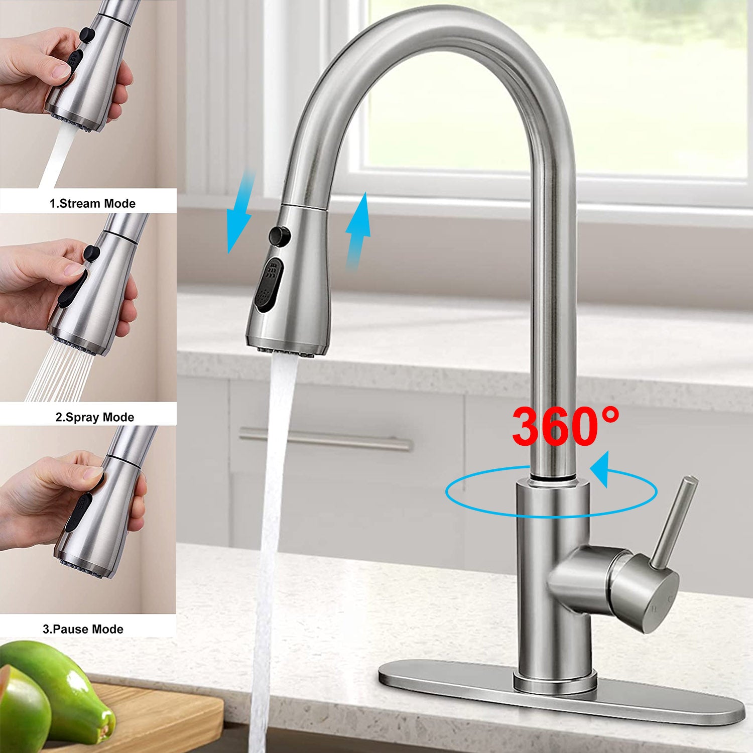 Kitchen Faucet with Pull Down Sprayer,Single Handle High Arc Brushed Nickel Pull Out Kitchen 360° Faucet with 2 modes,Durable Stainless Steel Kitchen Sink Faucet,Commercial Modern Kitchen Faucet