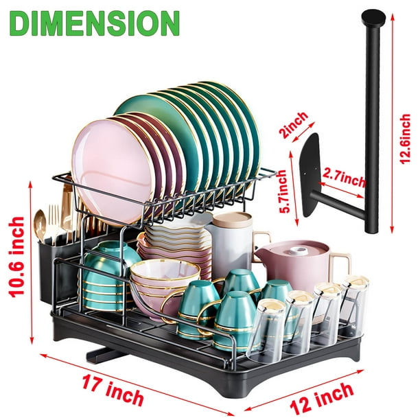 Large Dish Drying Rack,2 Tier Dish Racks with Drainage Utensil for Kitchen Counter Stainless Steel Adjustable Dish Draines with Cutlery Cups Holder and A Extra Toilet Paper Holder