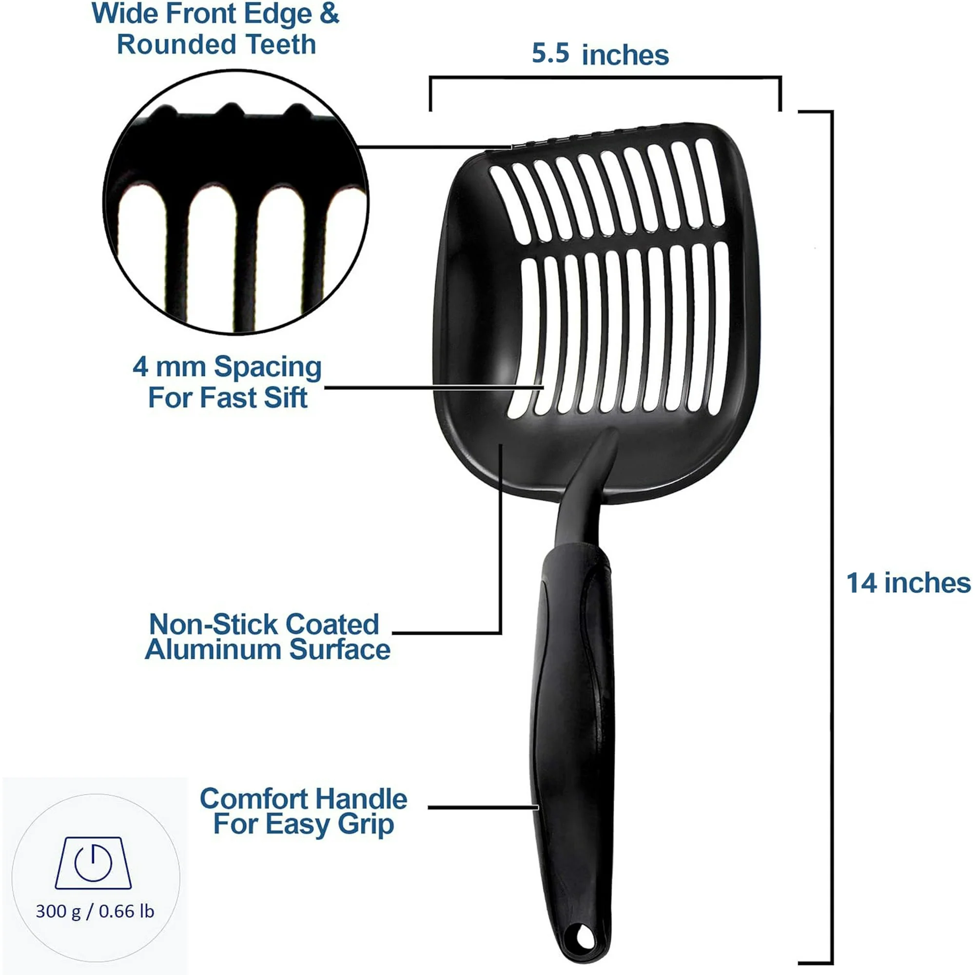 Cat Litter Scoop, Aluminum Alloy Sifter, Kitty Metal Scooper, Deep Shovel, Long Handle, Poop Sifting, Kitten Pooper Lifter, Durable, Heavy Duty, for Litter Box Black