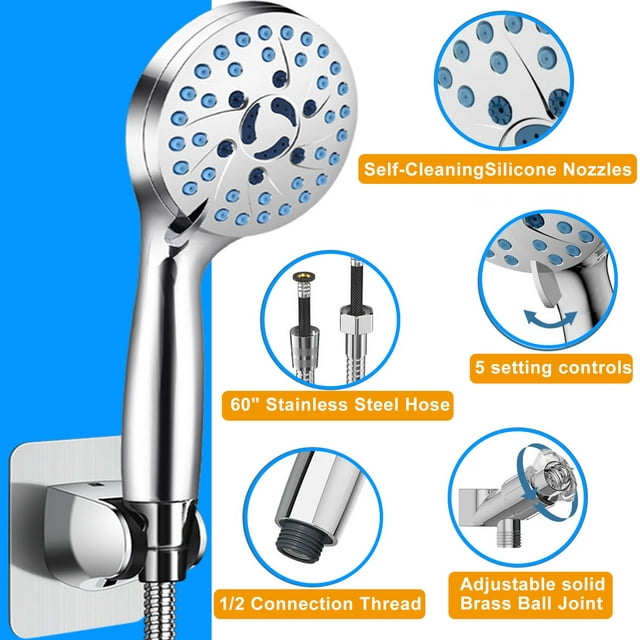 Shower Head, High Pressure 7 Functions Shower Head with Handheld, Adjustable Stainless Steel Polished Chrome Rain Shower Head with Durable Nozzles