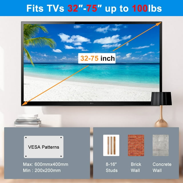 Musment Full Motion TV Wall Mount for 32-75 Inch TVs with 8K HDMI Cable,Universal TV Mount with Swivels and Tilts Hold up to 100lbs, VESA 600x400mm ,Black