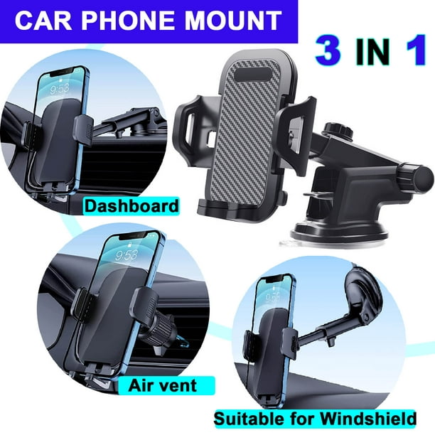 3 in 1 Universal Dashboard & Windshield Car Mount Phone Holder, with Car Air Vent Clip for iPhone,Samsung & All Phones,360 Degree Rotatable