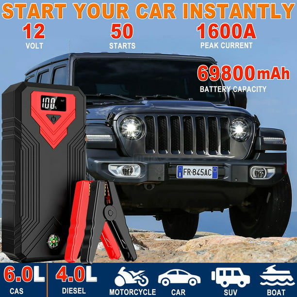 Jump Starter, 1600A UltraSafe Car Battery Jump Starter, 12V Jump Starter Battery Pack, Battery Booster with Built-in LED Light, Portable Charger & Jumper Cables for 6.0L Gasoline and 4.0LDiesel Engine