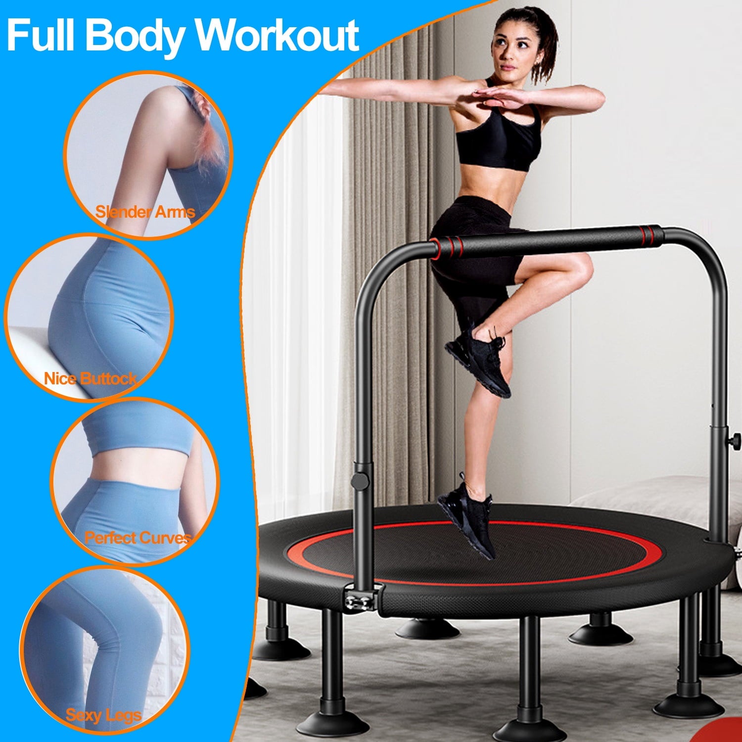 40" Folding Fitness Trampoline, Exercise Rebounder Mini Trampoline for Adults, Adjustable Handle Max Load 450lbs