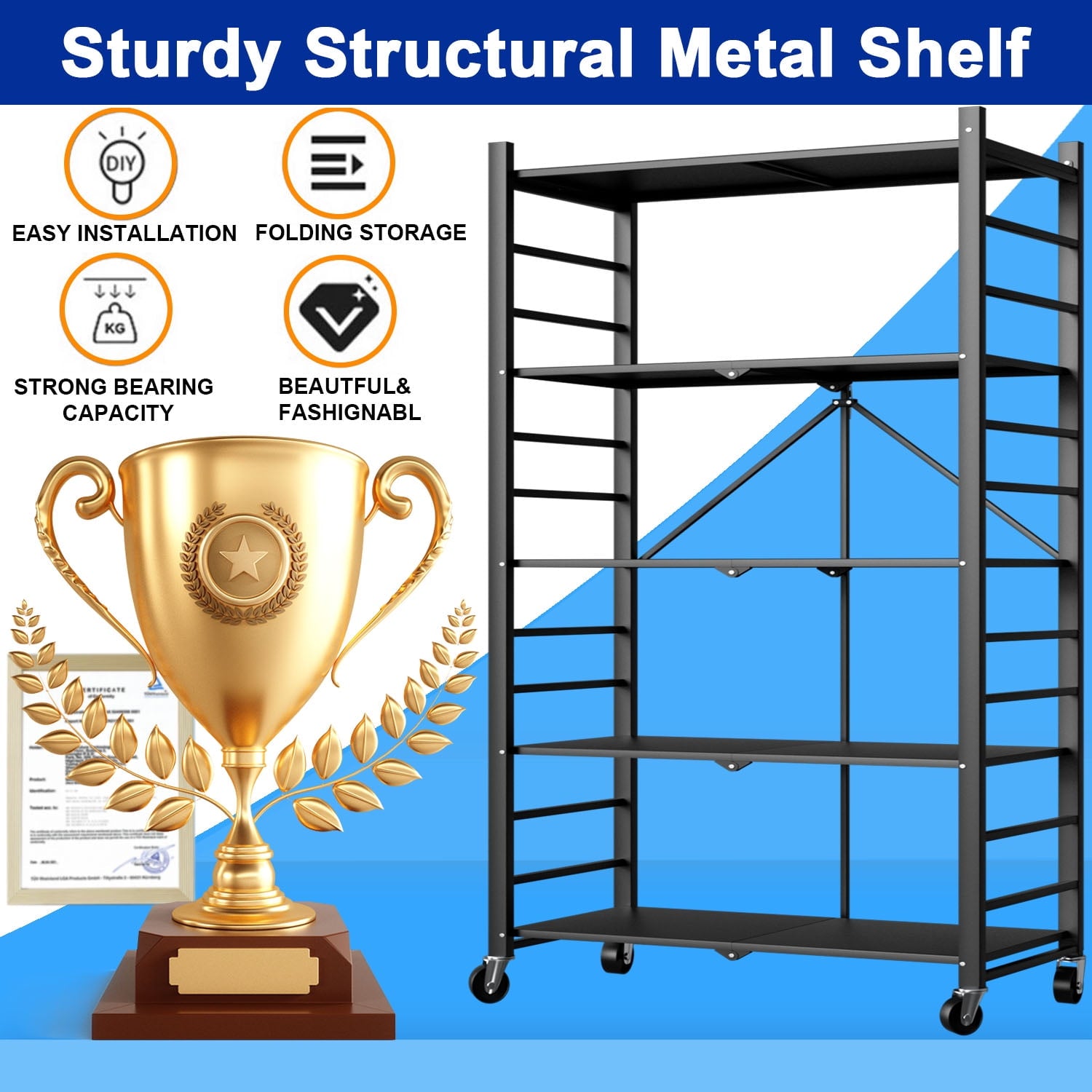 5-Tier Storage Shelving Unit, Foldable Storage Shelves Wire Shelving Unit Adjsutable Shelf Heavy Metal Shelf, 397lbs Capacity Free Standing Racks Organization