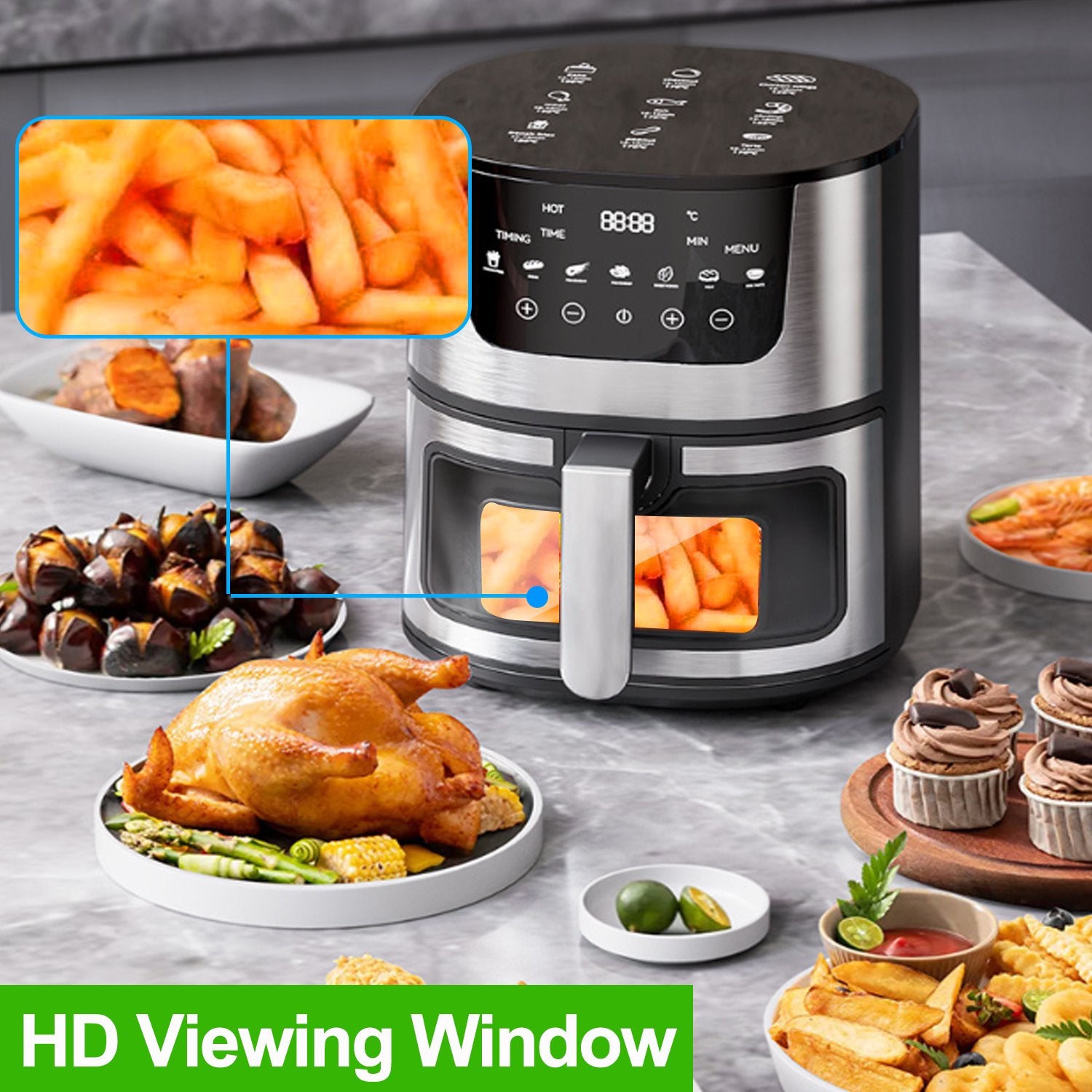 Air Fryer, 7.4 QT Multifunctional Air Fryer Oven, Rotisserie with Viewing Window and Touch Screen