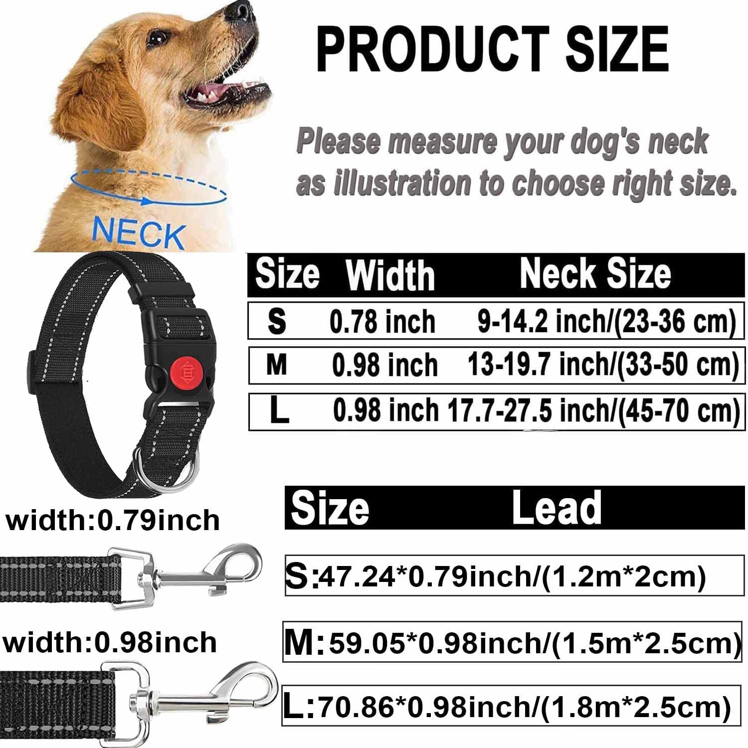 Reflective Dog Leash and Collar Set, Nylon Dogs Leashes Adjustable Dog Collar Heavy Duty Padded Handle Dog Leash for Small Medium Large Dogs Walking Training M Sizes(Black)