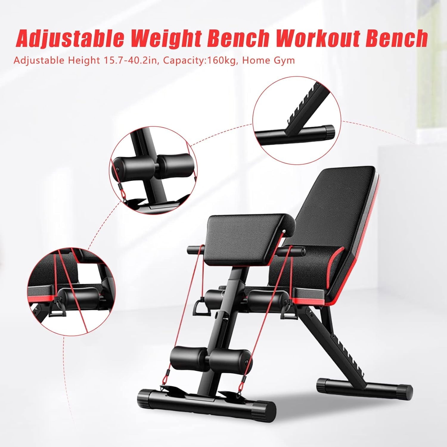 Foldable Weight Bench for Full Body Workout Bench Press, 780LBS 7-Positions Adjustable Incline Decline Bench Includes Resistance Bands.