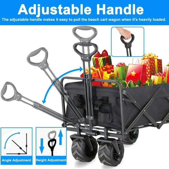 Musment Collapsible Foldable Wagon Cart,Folding Wagon Cart with Big Wheels Supports 350 lbs Weight Capacity,Utility Grocery Wagon with Side Pocket and Brakes ,Black