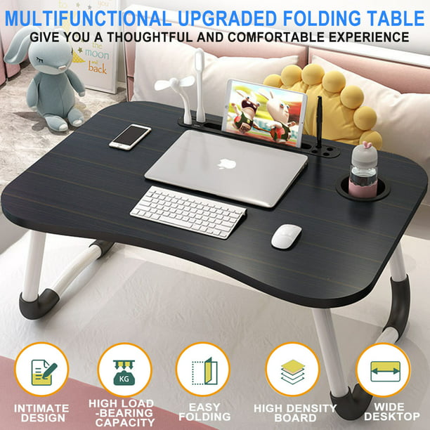 Laptop Desk，23.6" Portable Lap Table，Folding Breakfast Tray Lap Standing Desk with Storage Drawer & Holders for Cup and Notebook Stand & Reading Lights & Small Fans, for Working Reading Eating