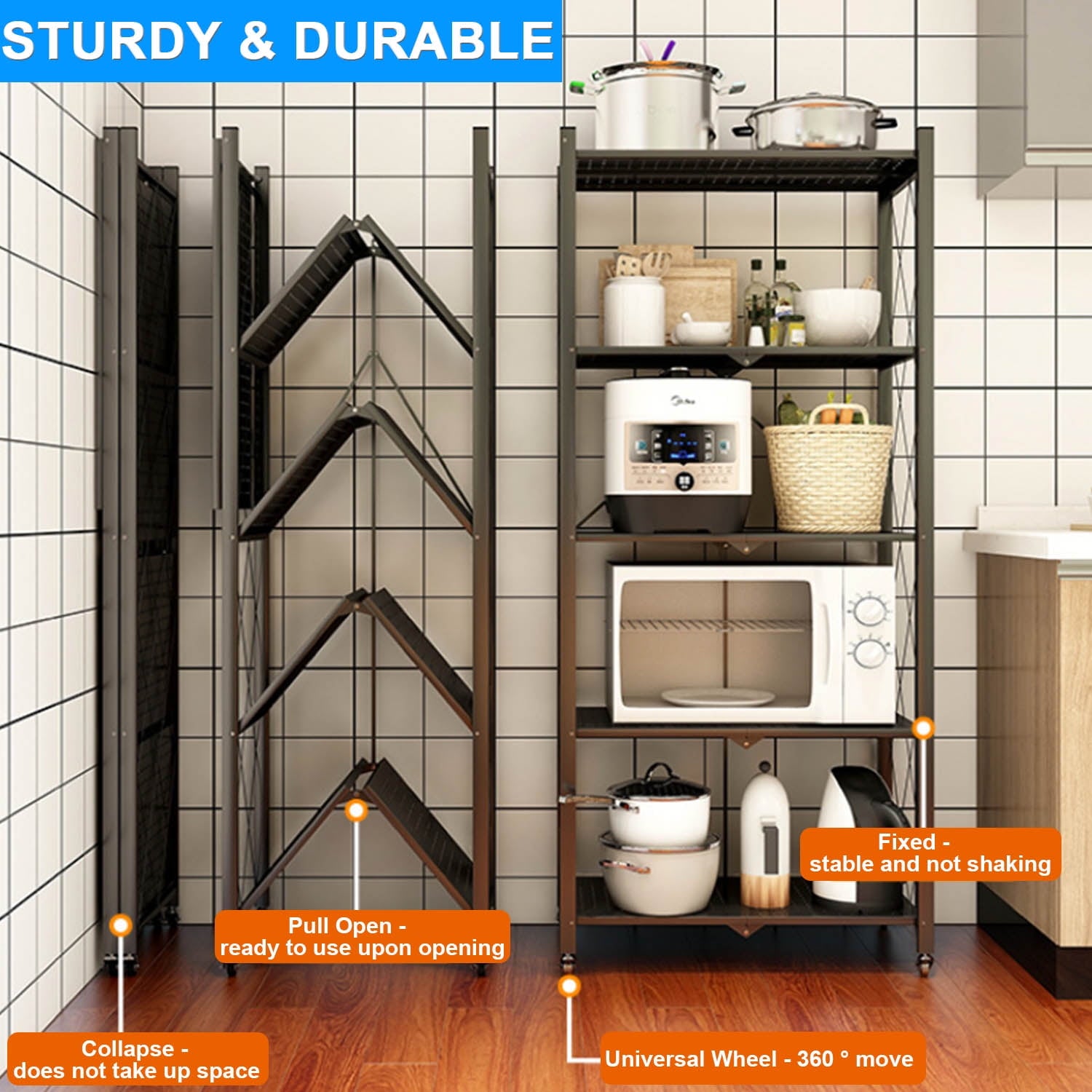 5-Tier Storage Shelving Unit, Foldable Storage Shelves Wire Shelving Unit Adjsutable Shelf Heavy Metal Shelf, 397lbs Capacity Free Standing Racks Organization