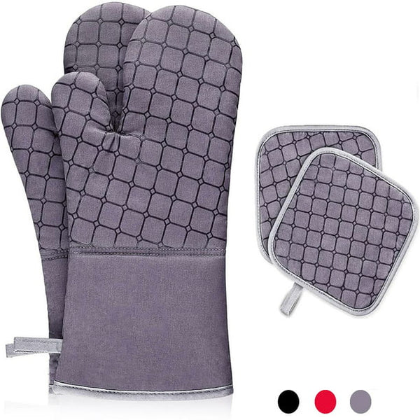 Oven Mitts and Pot Holders, 500℉ Heat Resistant Oven Mitt ,Oven Gloves with Kitchen Towels Soft Cotton Lining, Non-Slip Surface Cooking Gloves