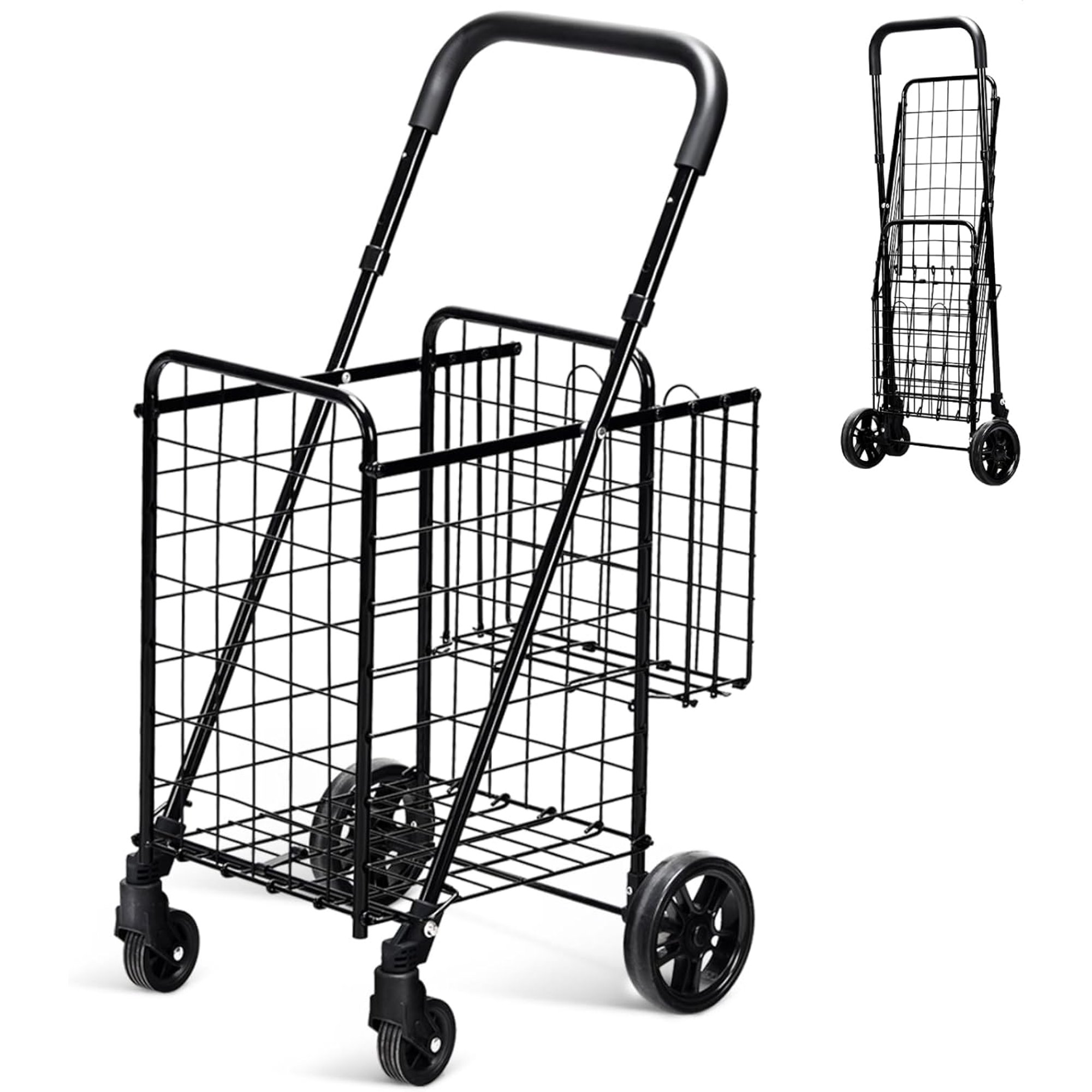 Folding Shopping Cart Jumbo Basket Rolling Utility Trolley Adjustable Handle New