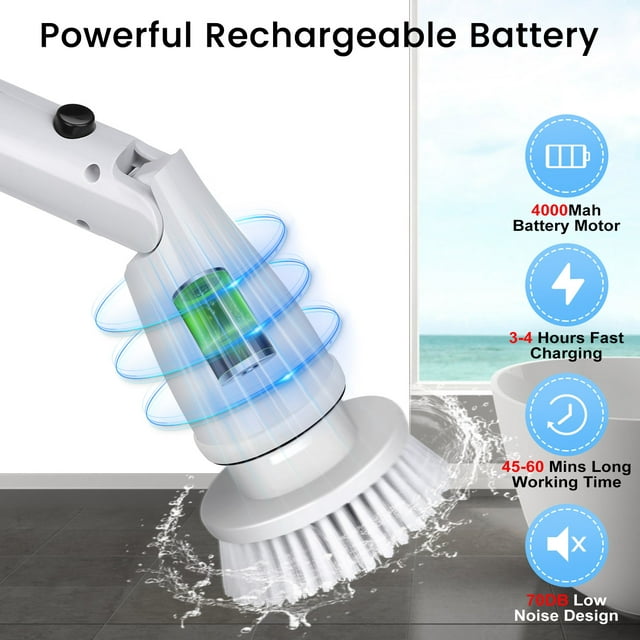 Musment Electric Spin Scrubber , Cordless Cleaning Brush with 4 Heads & Extension Handle Power Shower Scrubber for Bathroom Kitchen Tile Floor