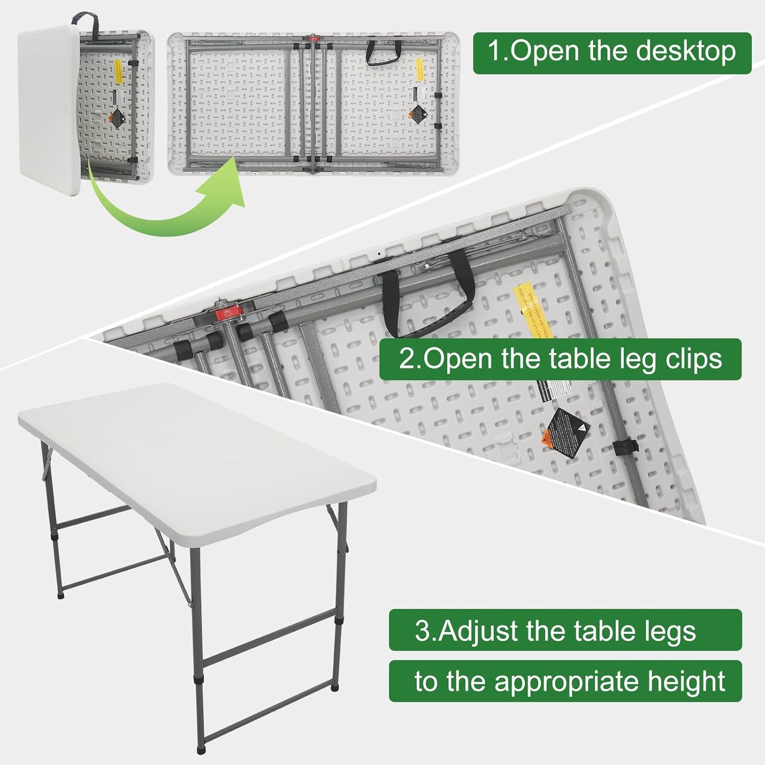 4 Foot Folding Table, Fold-in-Half Adjustable Height Camping Table, Indoor/Outdoor Essential