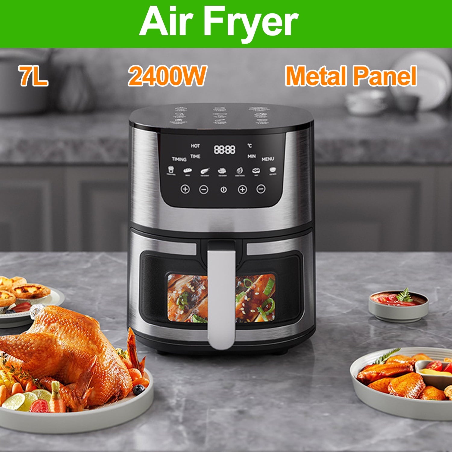 Air Fryer, 7.4 QT Multifunctional Air Fryer Oven, Rotisserie with Viewing Window and Touch Screen