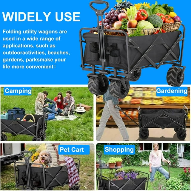 Musment Collapsible Foldable Wagon Cart,Folding Wagon Cart with Big Wheels Supports 350 lbs Weight Capacity,Utility Grocery Wagon with Side Pocket and Brakes ,Black