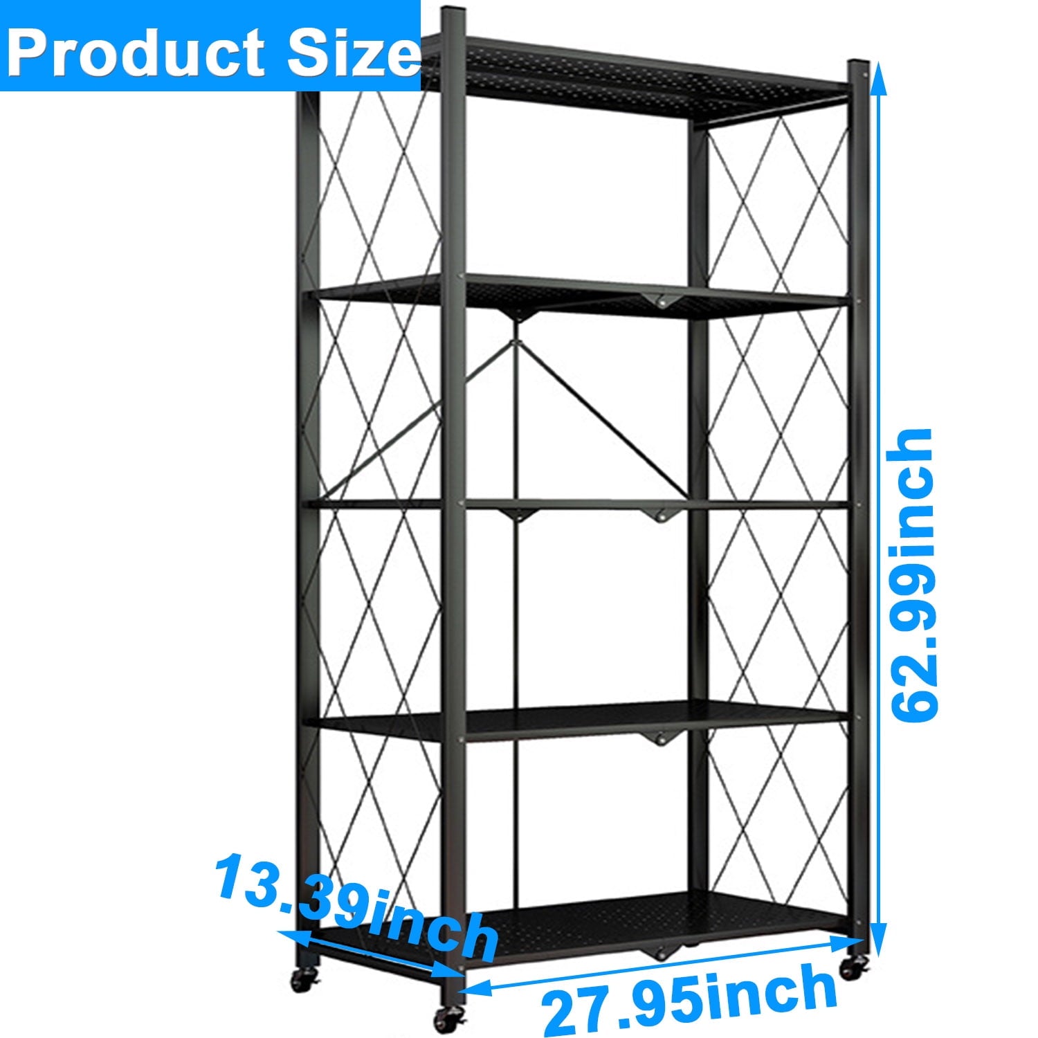 6-Tier Storage Shelf Foldable Metal Shelving Units with Wheels, Black