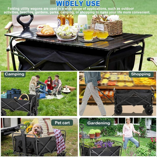 Heavy Duty Folding Wagon Garden Cart with Aluminum Table Plate, Outdoor Camping Wagons, Grocery Portable Utility Cart, Adjustable Rolling Carts, All Terrain Sports Wagon with Big Wheels