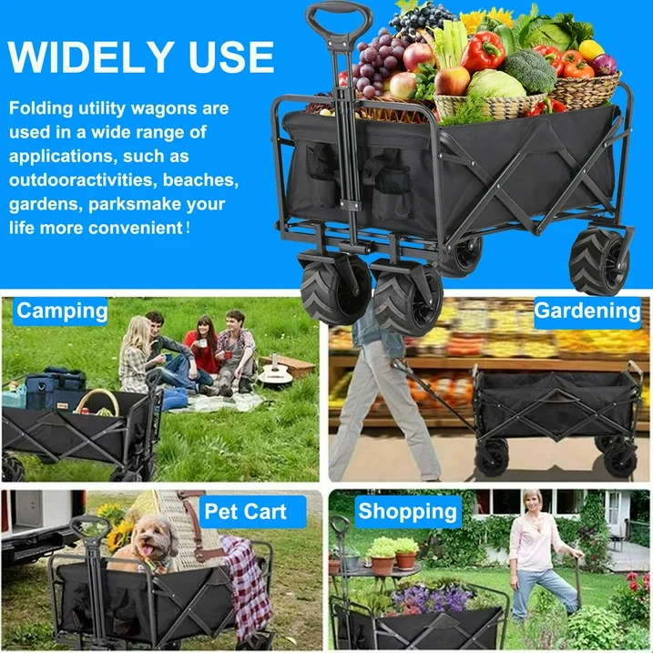 Collapsible Folding Wagon Cart, Heavy Duty Foldable Wagon Cart, 350 LBS Large Capacity Garden Wagon Cart with All-Terrain Wheels,Utility Cart for Grocery, Garden, Shopping, Camping, Outdoor, Beach