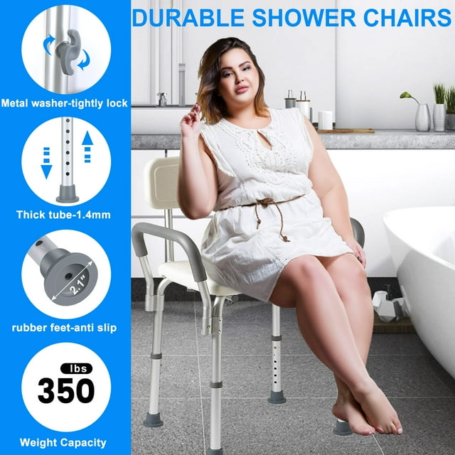 Shower Chair Bath Chair with Back and Shower Grab Bar, Shower Stool Height Adjustable, Supports up to 350 lbs., White