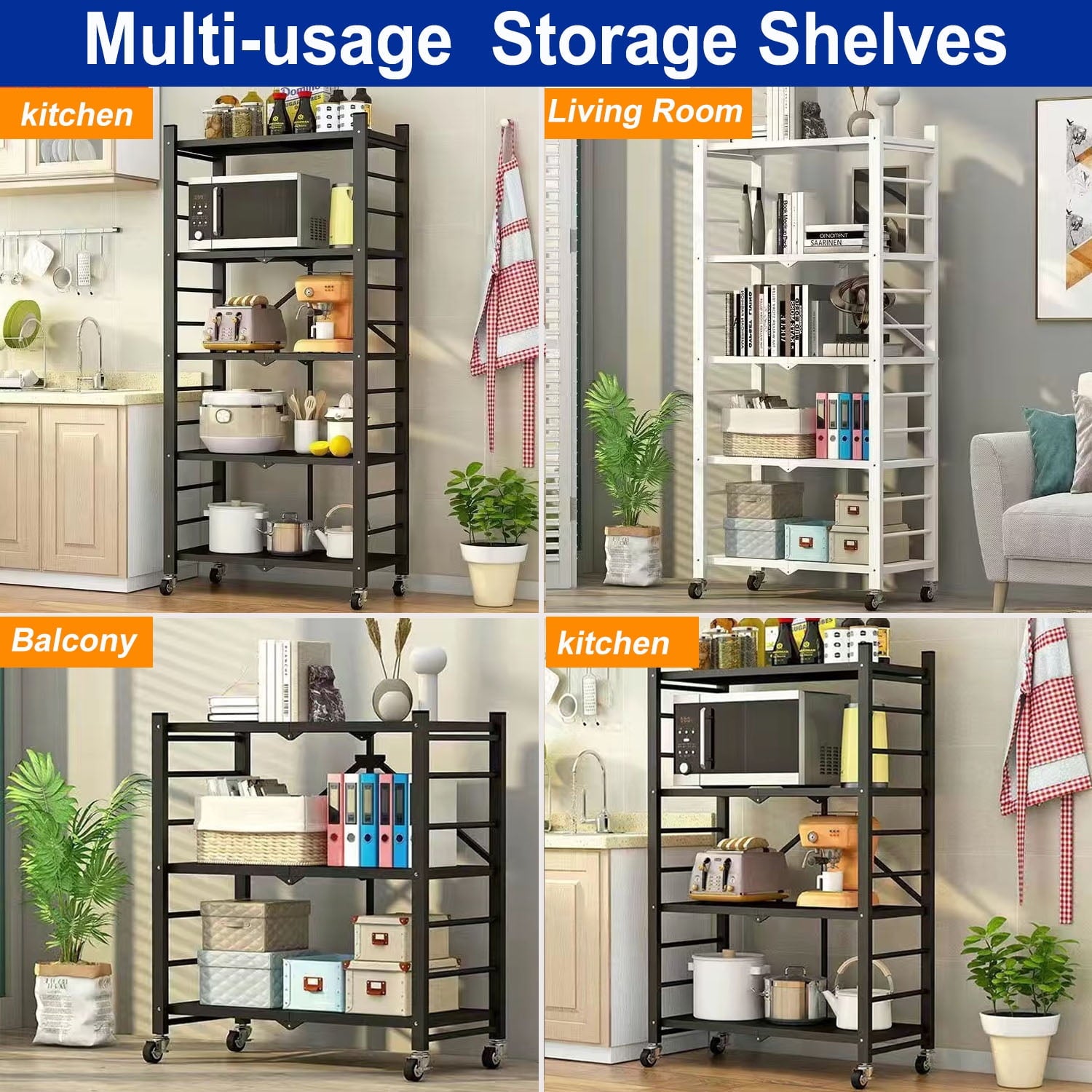 GAZILY 4-Tier Foldable Storage Shelving Unit, Heavy Duty Metal Storage Shelves with Lockable Wheels, Garage Shelf, Storage Rack with 4 Hooks for Garage,Kitchen,Closet Storage- No Assemble Require