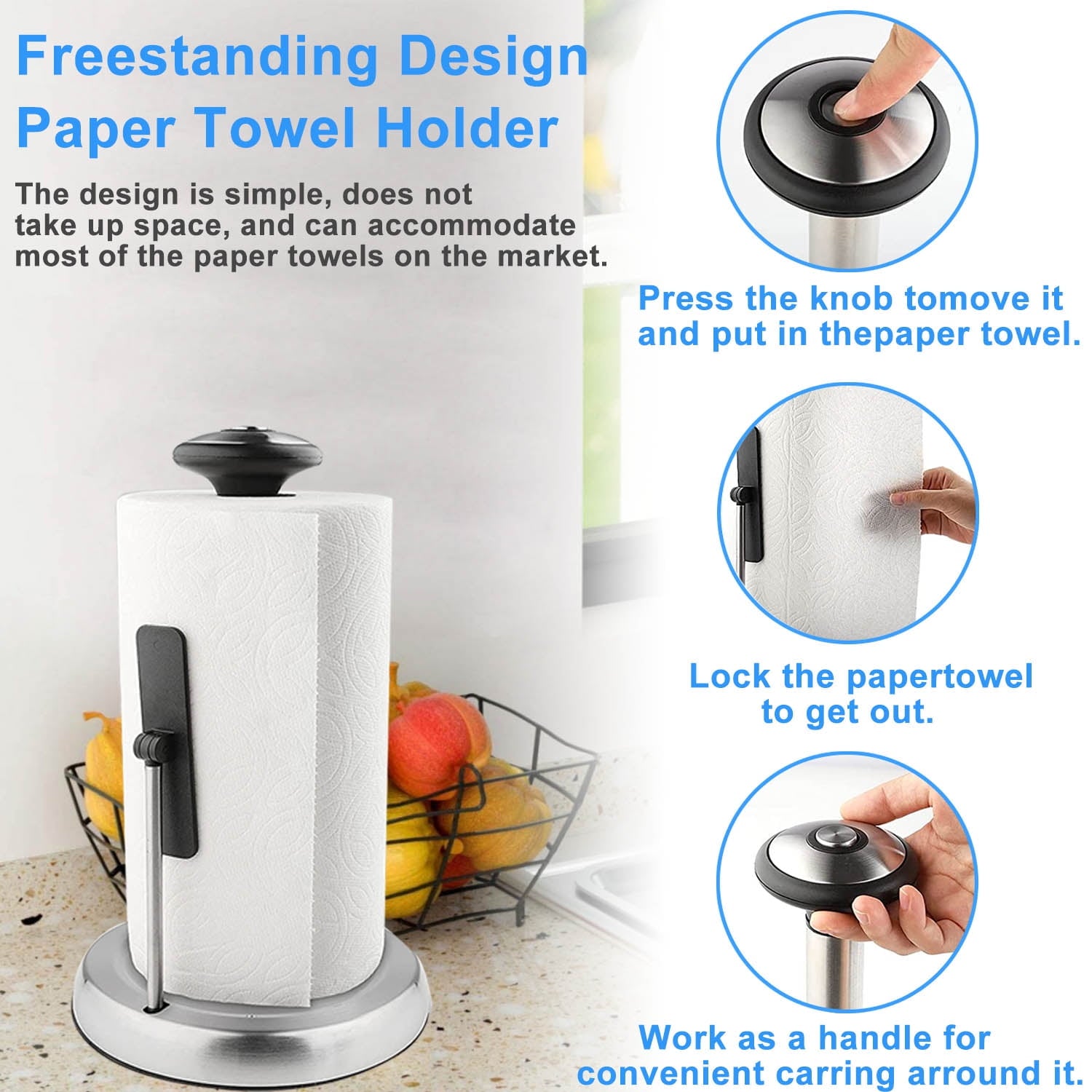 Stainless Steel Kitchen Paper Towel Holder for One Hand Tear with Weighted Base Suction Cups