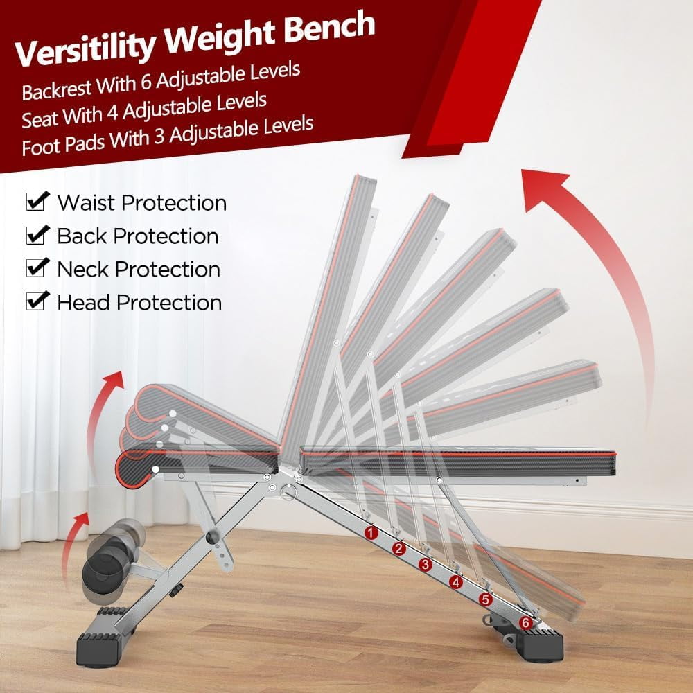 Adjustable Weight Bench - Utility Incline Decline Flat Foldable Bench Press sit up for Full Body Workout Home Exercise Gym Equipment – 7 Adjustable Positions & 2 Training Straps