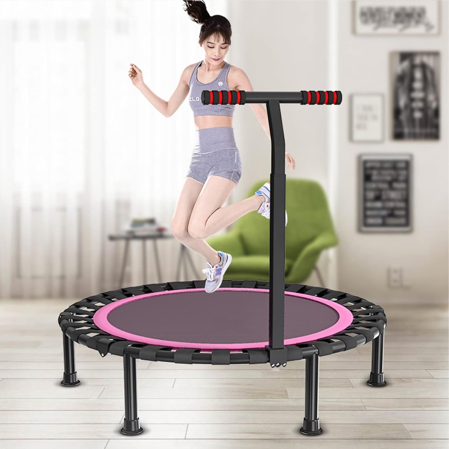 40" Folding Mini Fitness Indoor Exercise Workout Rebounder Trampoline with Adjustable Handle, Max Load 450lbs