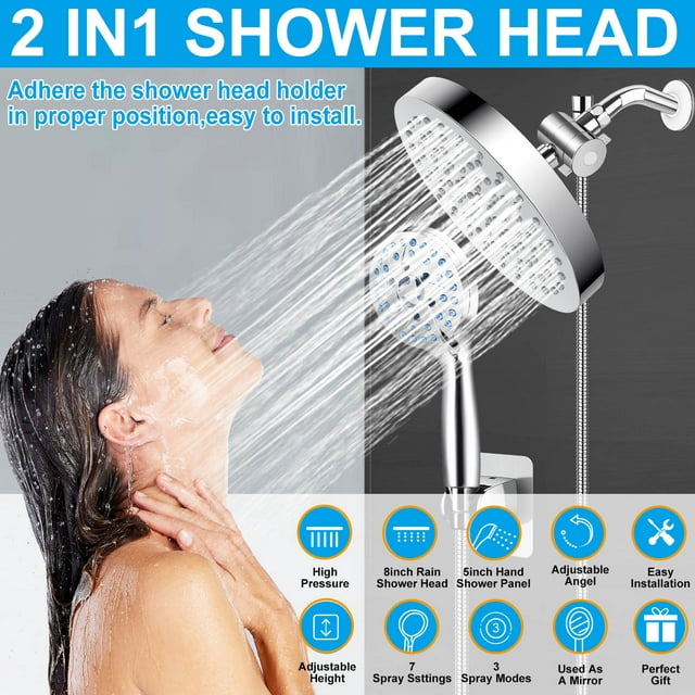 Shower Head, 8" High Pressure Shower Head, Adjustable Stainless Steel Polished Chrome Rain Shower Head with Durable Nozzles