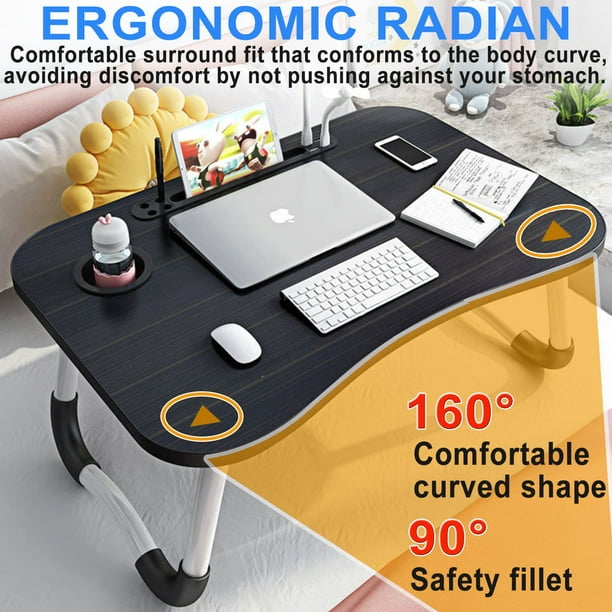 Laptop Desk，23.6" Portable Lap Table，Folding Breakfast Tray Lap Standing Desk with Storage Drawer & Holders for Cup and Notebook Stand & Reading Lights & Small Fans, for Working Reading Eating