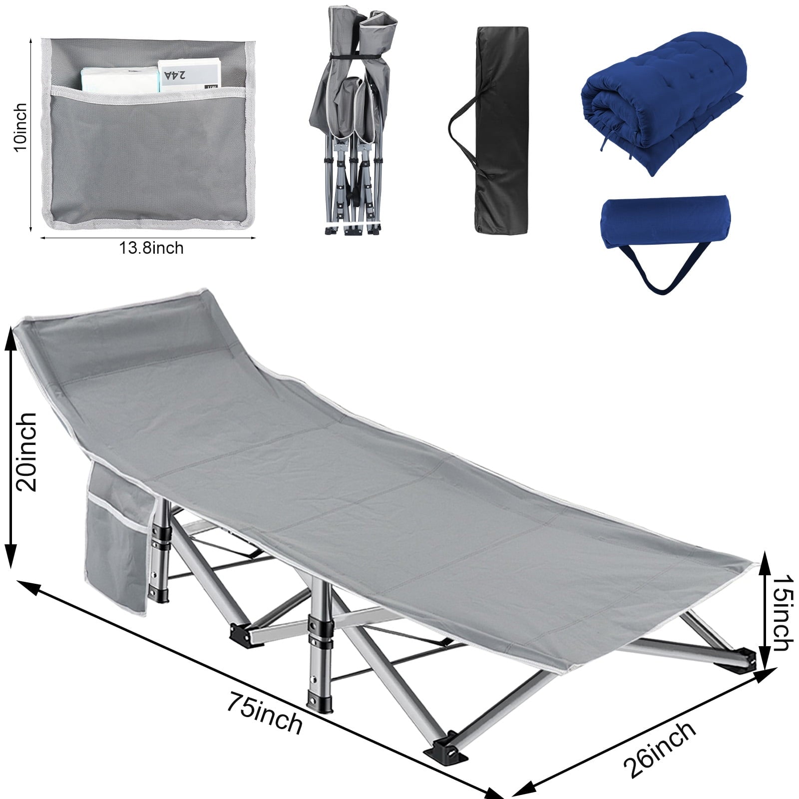 Folding Bed Cot with Pillow, 3.3 Inch 2 Sided Mattress, 75"* 28" Folding Sleeping Cot Guest Bed, Folding Camping Cots with Carry Bag