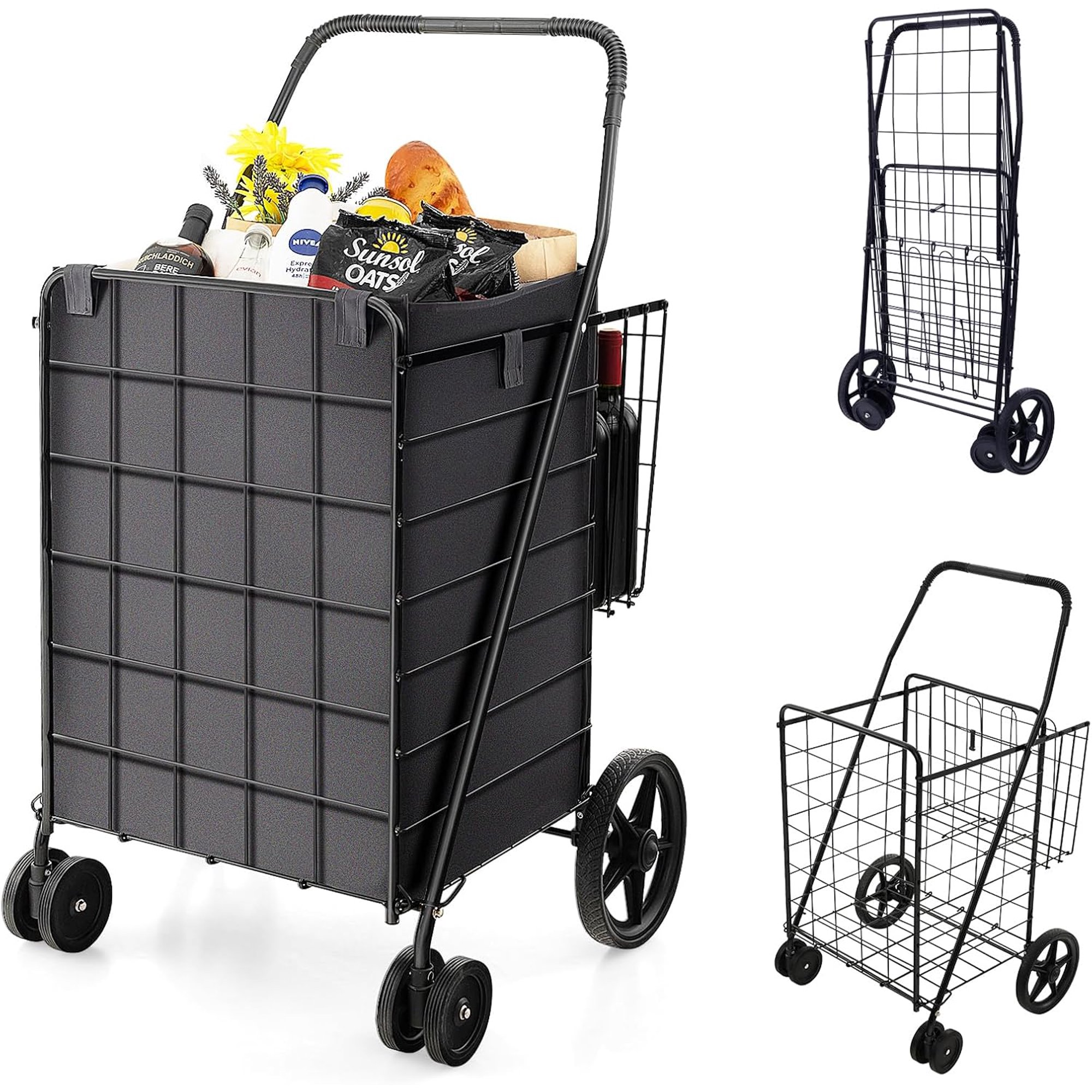 Folding Shopping Cart Jumbo Basket Grocery Laundry Travel w/ Swivel Wheels, Black