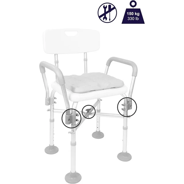 Shower Chair Bath Seat with Back and Padded Armrests, Height Adjustable, Supports up to 350 lbs., White