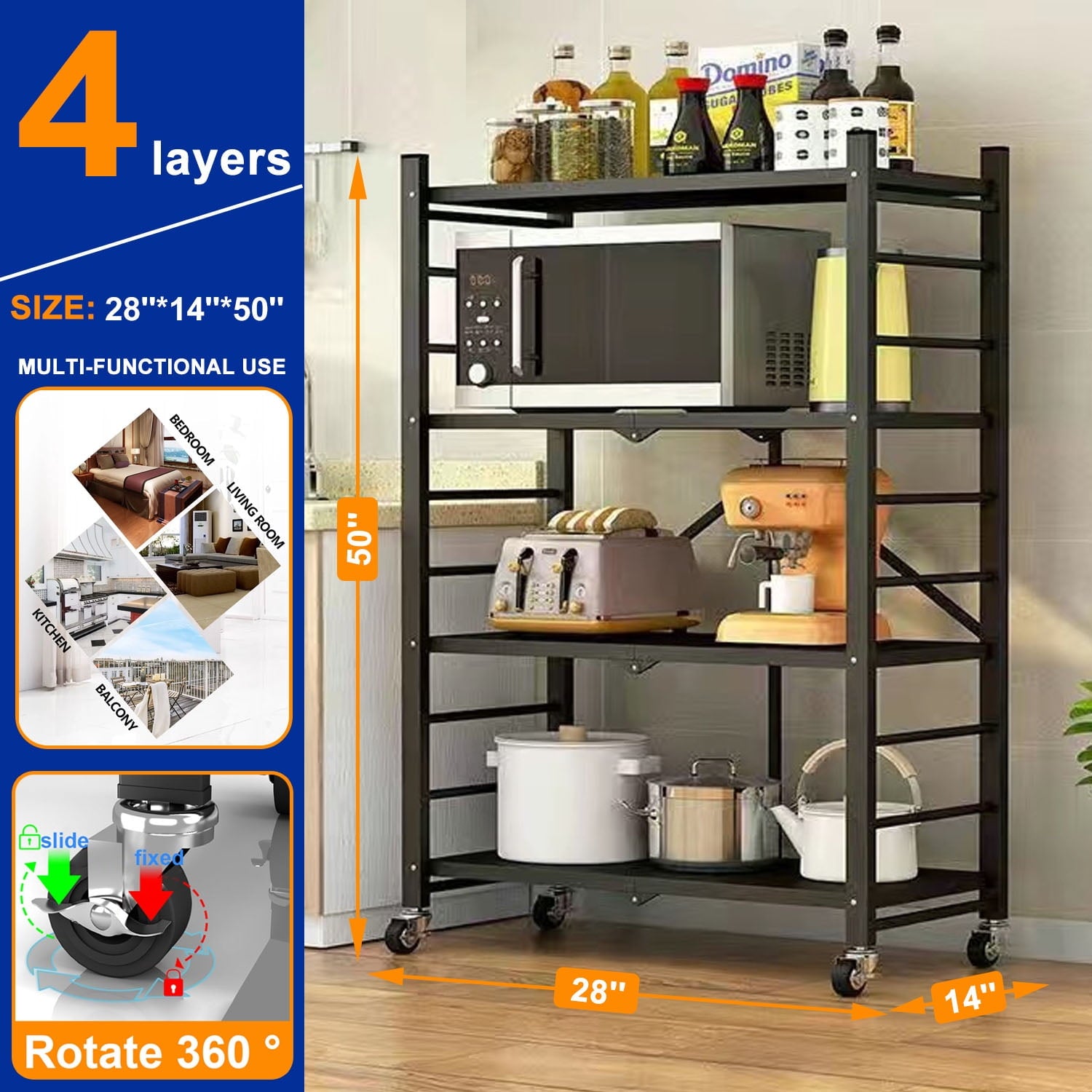 GAZILY 4-Tier Foldable Storage Shelving Unit, Heavy Duty Metal Storage Shelves with Lockable Wheels, Garage Shelf, Storage Rack with 4 Hooks for Garage,Kitchen,Closet Storage- No Assemble Require