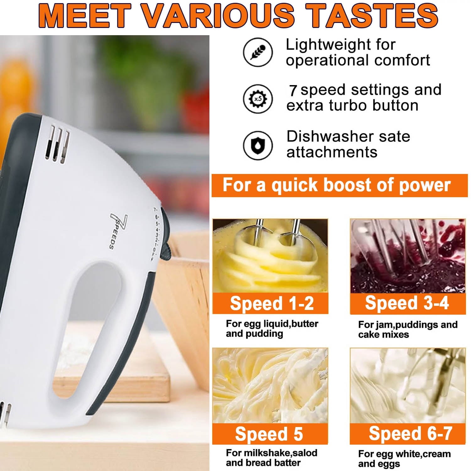 7 Speed Electric Hand Mixer for Kitchen, Blender Quick Burst with 6 Stainless Steel Accessories, 6 Measuring Spoons, 1 Egg Separator for Easy Whipping Dough,Cream,Baking Cake Egg Cream Food Beater