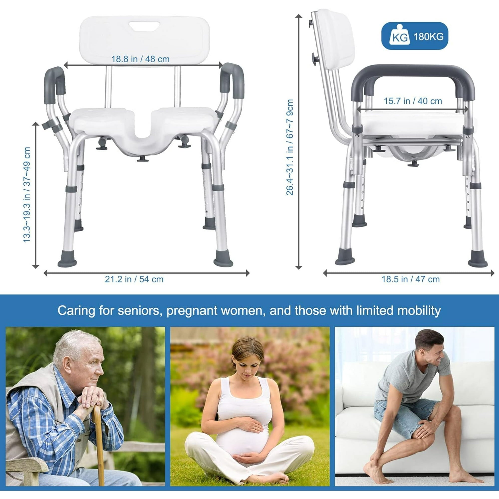 Shower Chair with Removable Backrest and Padded, 8 Adjustable Height, Support up to 300Lbs