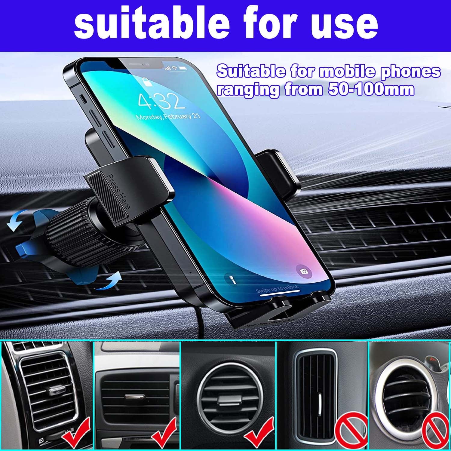 3 in 1 Universal Dashboard & Windshield Car Mount Phone Holder, with Car Air Vent Clip for iPhone,Samsung & All Phones,360 Degree Rotatable