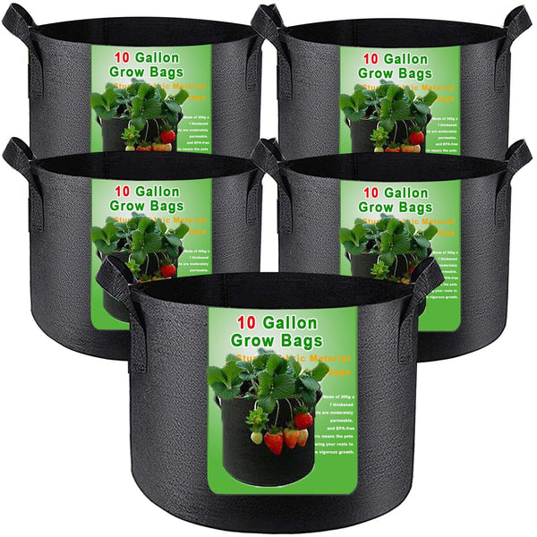 HKEEY 5-Pack 10 Gallon Grow Bags Heavy Duty 300G Plant Fabric Pots with Handles(D16.14" x H11.81")