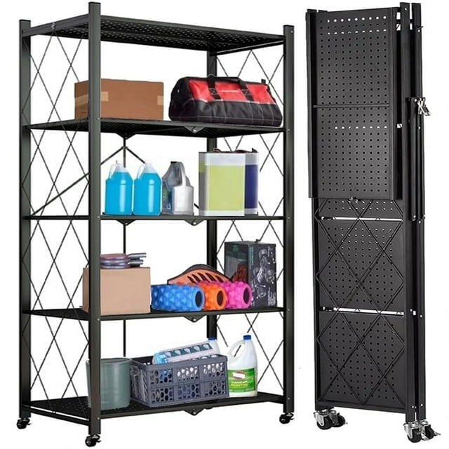 5-Tier Storage Shelving Unit, Foldable Storage Shelves Wire Shelving Unit Adjsutable Shelf Heavy Metal Shelf, 397lbs Capacity Free Standing Racks Organization