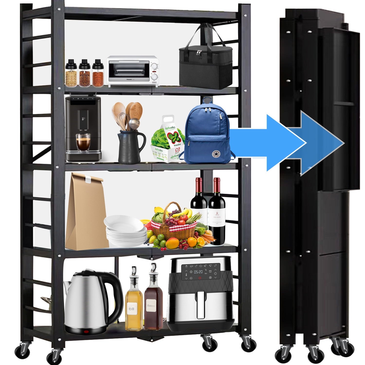 5-Tier Storage Shelving Unit, Foldable Storage Shelves Wire Shelving Unit Adjsutable Shelf Heavy Metal Shelf, 397lbs Capacity Free Standing Racks Organization