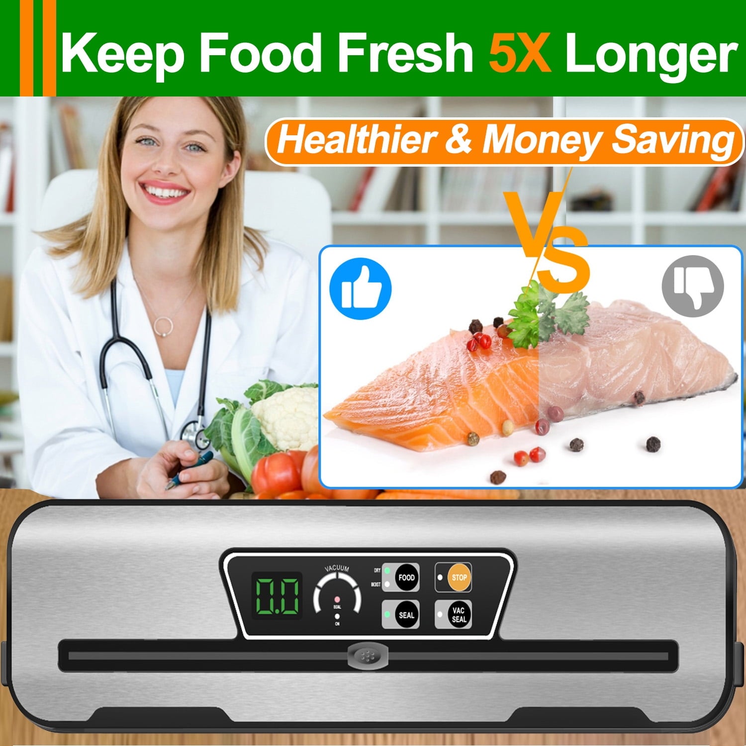 Food Vacuum Sealer Machine with 2 Rolls Food Vacuum Sealer Bags, Food Storage Saver Dry & Moist Food Modes, Led Indicator Lights, Easy to Clean