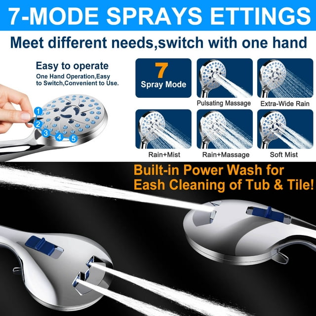 Shower Head, High Pressure 7 Functions Shower Head with Handheld, Adjustable Stainless Steel Polished Chrome Rain Shower Head with Durable Nozzles