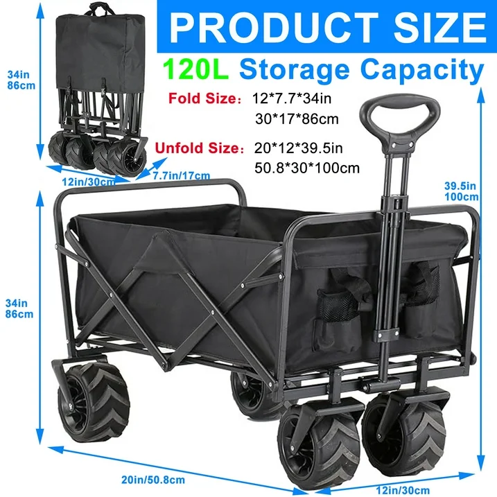 Collapsible Folding Wagon Cart, 350LBS Large Capacity Heavy Duty Utility Garden Cart with Aluminum Table Plate and All-Terrain Wheels for Grocery,Garden,Shopping, Camping, Sports ,Outdoor, Beach