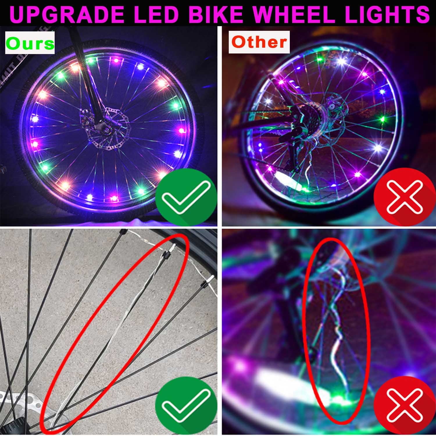 2-Tire Pack LED Bike Wheel Lights, Bike Lights Bright Waterproof Cycling Tire Light Front and Back Spoke Lights Bike Decoration Lights,Easy Install and Fits Most Bikes, for Kid, Teens, Adults