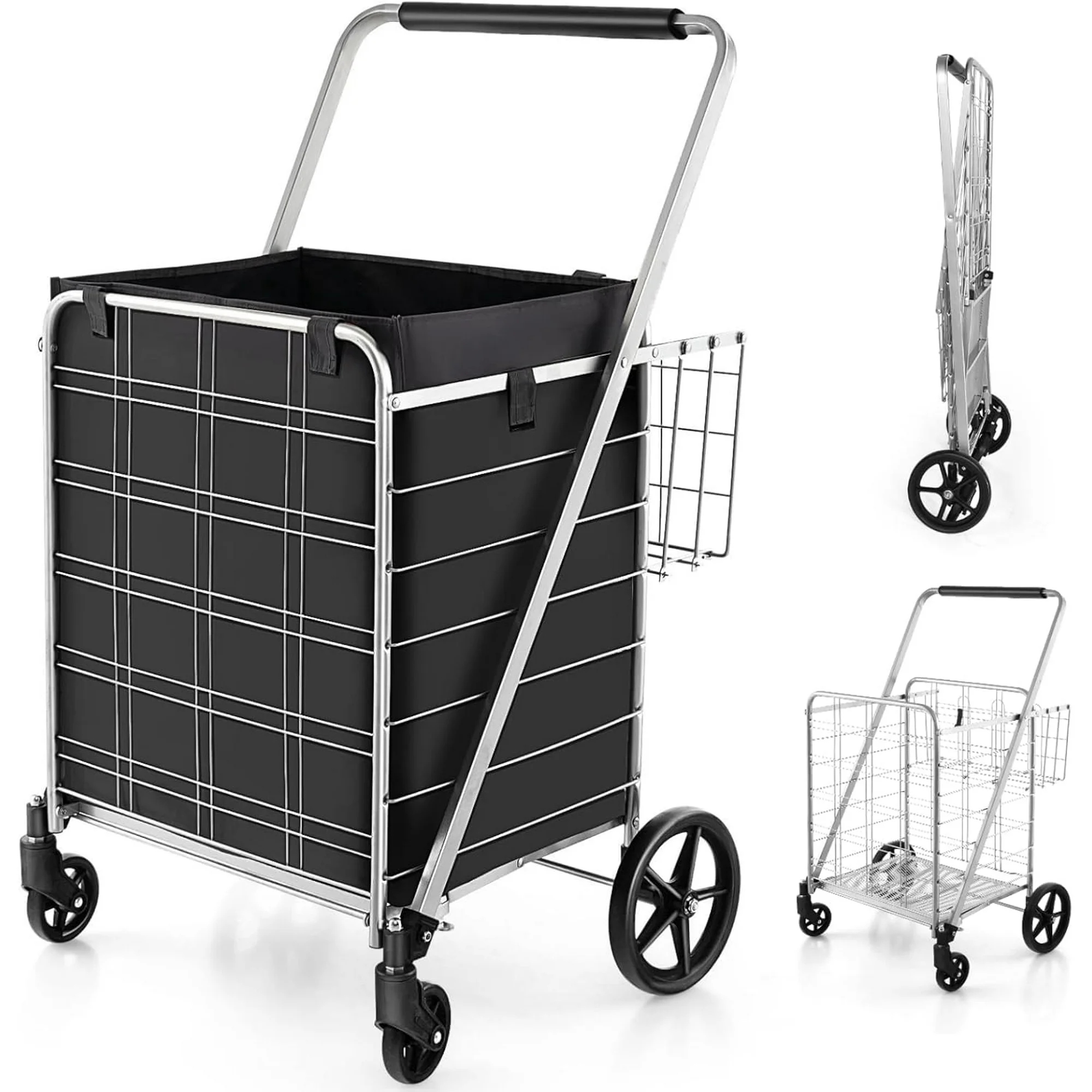 Folding Shopping Cart 110 lbs Rolling Grocery Laundry Cart Utility Trolley with Double Baskets Swivel Wheels Adjustable Handle Black